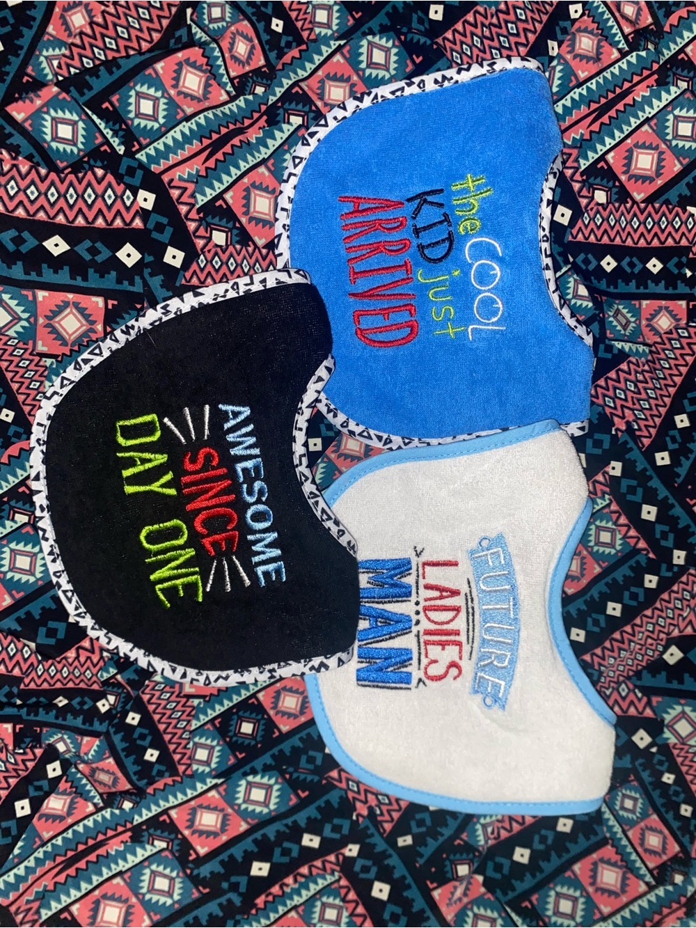 Gerber Blue, Black, White Embroidered Baby Bib Trio